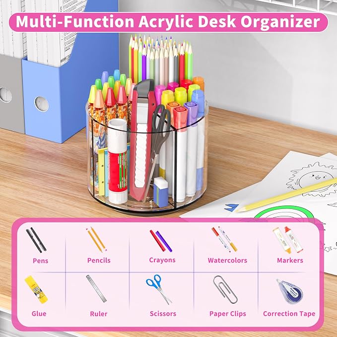 Small Pencil Organizer for Desk Acrylic Art Organizer Clear 4 Compartments | Rotating Art Supply Organizer for Kid, Spinning Marker Caddy Pen Organizer for Desk, Acrylic Pen and Pencil Organizer Storage