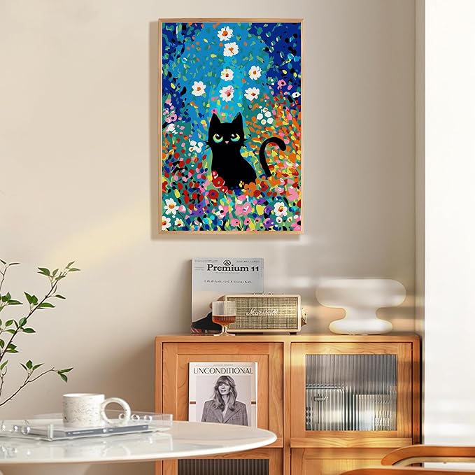 Framed Paint by Numbers Kit for Adults Beginner 8x12 IN, Flowers Cat