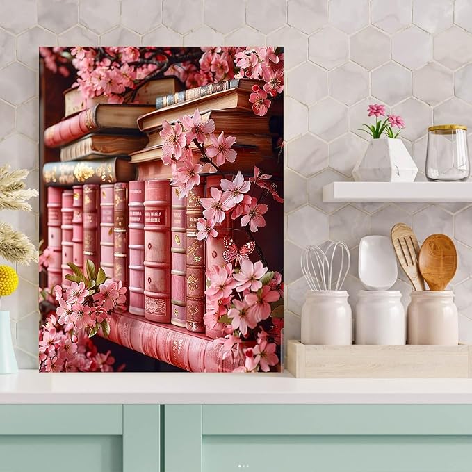 Diamond Art Kits for Adults Pink Bookshelf Diamond Painting Kit 12x16in | 5D Flowers Diamond Art Painting Kit for Adult, DIY Full Round Drill Pink Gem Art Diamond Dots Kits for Home Wall Decor Gift