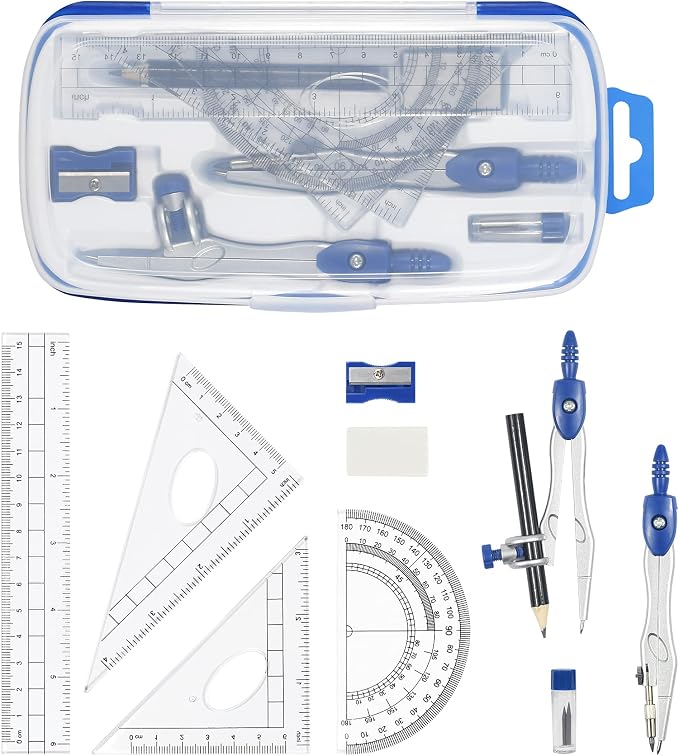 Unjoo Geometry Set 10 Pcs, Compass and Protractor for Students(Navy Blue) | Shatterproof Storage Box,Rulers,Protractor,Compass,Eraser,Pencil Sharpener,Lead Refills,Pencil,for Classroom, Back to School