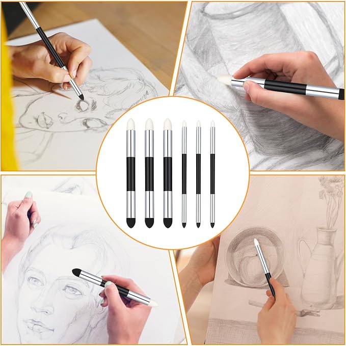 6 Pcs Artist Blending Sponge Pens, Dual Tip Universal Blendings Sponge Pen, Reusable Sketch Wipe Drawing Art Blendings Pen Brush Oil Pastel Blending Tools for Artist Highlight Shadow Detail Correcting