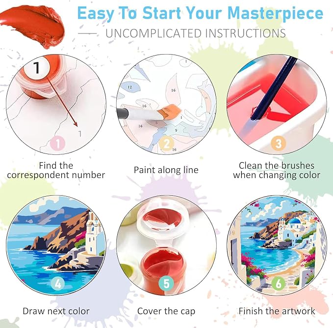 Mrnsiet Paint by Number for Adults Beginners, Easy Seaside Town Paint by Numbers Kits on Canvas, DIY Coastal City Oil Painting Kits Adults' Paint-by-Number Kits for Home Wall Decor 16x20 Inch