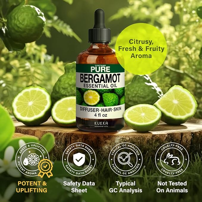 100% Pure Bergamot Oil - 4 Fl Oz Bergamot Essential Oil for Hair, Skin, Diffuser, Aromatherapy & DIY Soap Making Scent (Pack of 2)