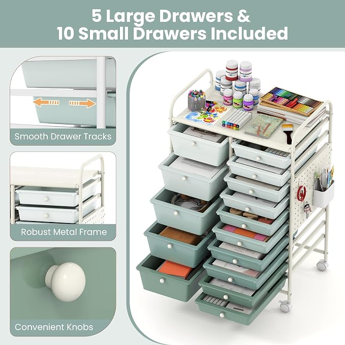 Giantex 15 Drawer Storage Cart, Rolling Craft Cart with Metal Tabletop & Pegboard, Mobile Utility Organizer Trolley with Locking Wheels, Home Office, Classroom, Teacher Supplies, Green Gradient