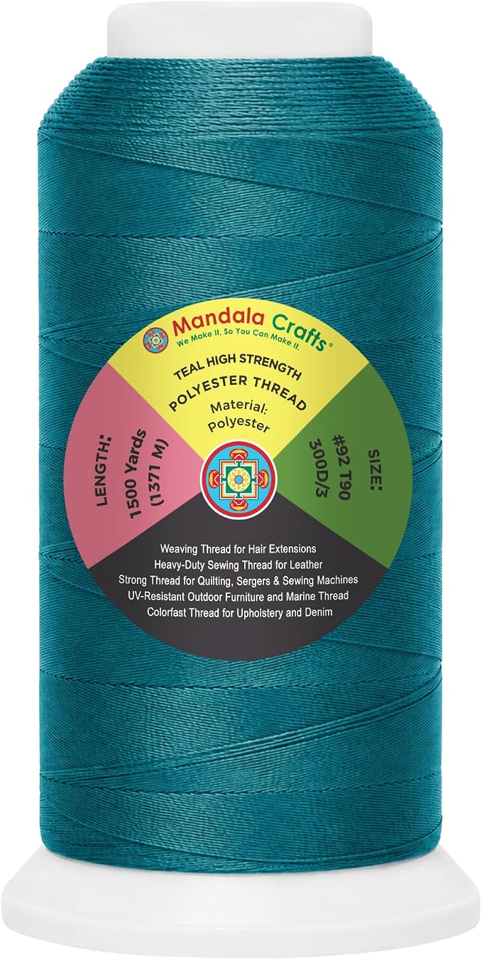 Mandala Crafts Teal Tex 90 Polyester Heavy Duty Thread for Upholstery | 1500 Yds T90 UV Resistant Strong Thread for Leather Sewing, Marine, Drapery, Jeans, Hair Weaving & Extension, Outdoor