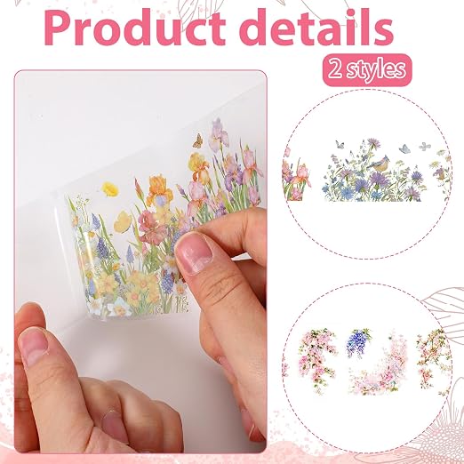 2 Rolls Floral Washi Tape Clear Colorful Vine Flower Tapes Stickers Decorative Tape for Crafts Cute Washi Masking Adhesive Pet Tapes for Journaling Journal Supplies Planners Scrapbook Gift Wrapping