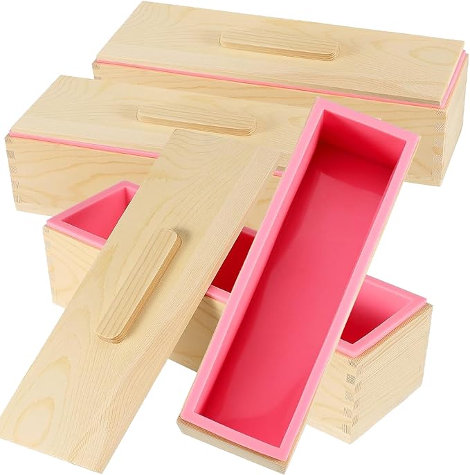 3PCS 47oz Silicone Soap Kit, Pink Rectangular Silicone Loaf Soap Making with 3 Wooden Boxes and 3 Lids, DIY Supplies for Soap Making