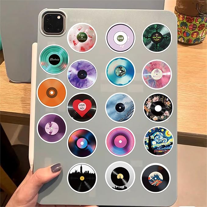 Music CD Stickers, 50 Pcs Vinyl Cartoon Record Album Sticker for Water Bottle Laptop Cars Guitar Skateboard Bumper Vintage Waterproof Music Stickers for Teens Adults (Colourful-F4)