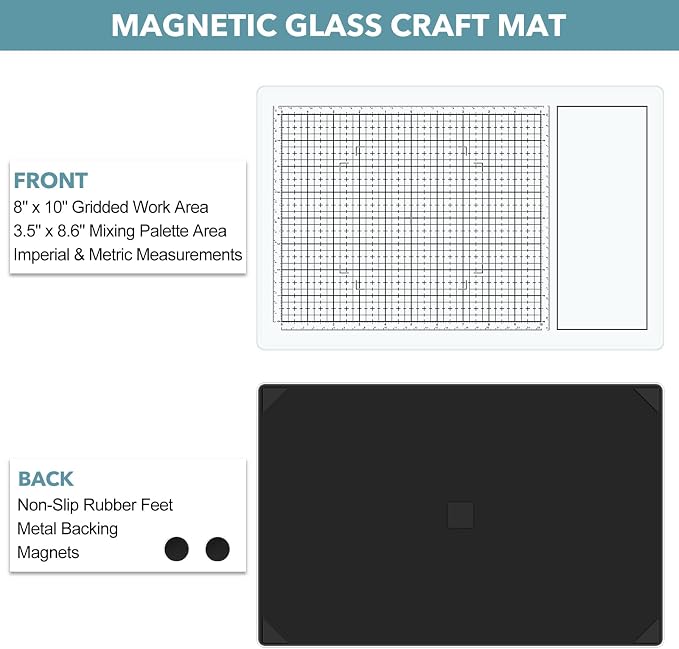 2PcsMagnetic Glass Craft Mat and Non-Stick Craft Mat Set Heat Resistant Glass Media Cutting Mat W/Magnets Gridlines and Measurements; for Stamping, Ink Blending, Stenciling Scrapbooking Craft Project