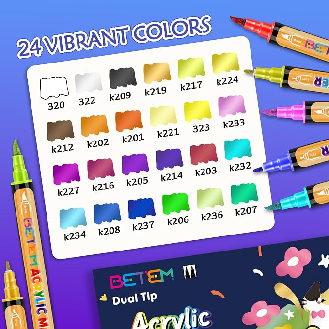 Betem 24 Metallic Paint Markers for Glass, Dual Tip Acrylic Paint Pens | Window, Fabric, Wood, Rock, Canvas, Acrylic Markers with Fine & Brush Tip, Art & Craft Supplies, Wine Glass Markers