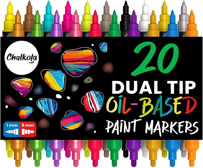 Chalkola 20 Oil Paint Pens - Oil Based Paint Markers for Metal, Wood, Glass | Waterproof & Permanent Oil Markers for Fabric, Ceramic, Rocks, Plastic Surfaces, Steel - 1mm Fine + 5mm Dual Tip Paint Pens
