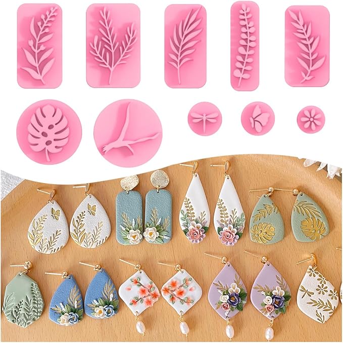 KEOKER Plant Clay Stamps - 10 Shapes for Polymer Clay Jewelry Making, Work with Clay Cutter, Spring Cutter Stamps