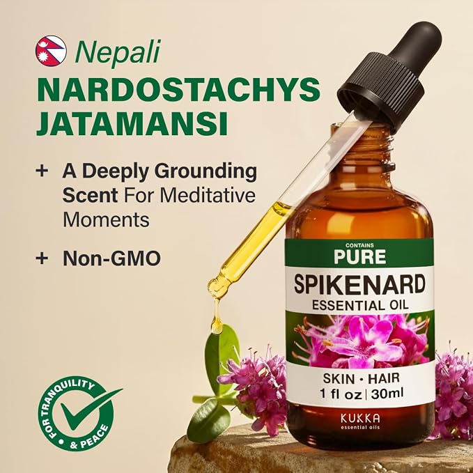 Kukka 100% Pure Spikenard Essential Oil for Skin, Diffuser, 1.02 Fl Oz | Undiluted Spikenard Oil for Meditation Diffuser Blends, Grounding Aromatherapy, Massage & DIY Soap Making
