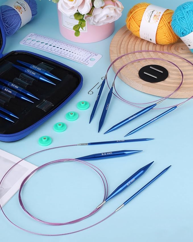 Aeelike 13 Pair Interchangeable Circular Knitting Needles 3-10 mm, Blue | Aluminum Interchangeable Knitting Needles with 4 Cables, Smooth Complete Needles Set for Socks Blankets Sweaters, Ideal Gift