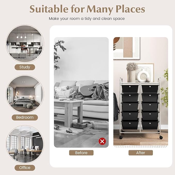 LDAILY 10 Drawer Rolling Cart, Storage Cart Organizer on Wheels, Drawer Cart with Metal Frame & Large Storage Capacity, Rolling Cart with Drawers for Living Room Classroom, Office