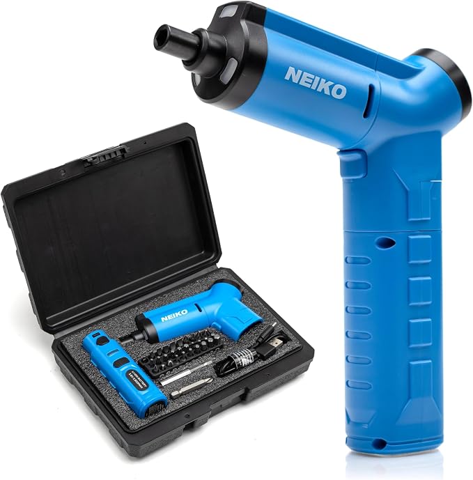 NEIKO 10580A Electric Screwdriver, 34pc Rechargeable Cordless Screwdriver Set, 1/4” Hex Shank 3.6V Lithium Ion Power Screwdriver, 3 LED Lights, USB C Charger Included, Mini Screw Driver