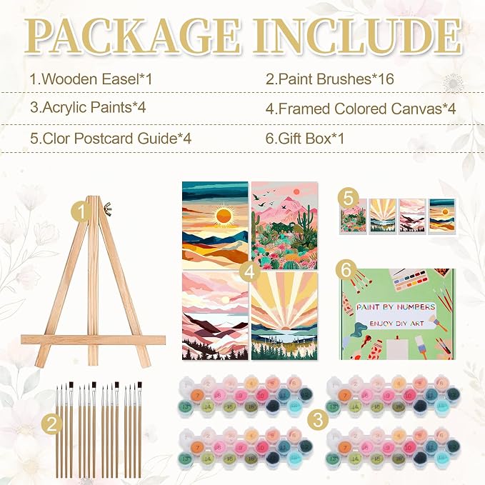 Qoosea Paint by Numbers Kit for Adults with Framed Canvas 4 Pack | Sunset and Sunrise Paint by Number Arts Kits for Beginner with Wooden Easel, Acrylic Set, Brushes for Home Decor, 9*12 Inch