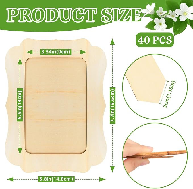 VOKOY 40 Pack Wooden Picture Frames for Crafts, 4" x 6" Photos DIY Wood Frames for Crafting,Unfinished Standing Photo Frames DIY Craft Wood Decorate for Birthday Party Gifts,Vintage Shape
