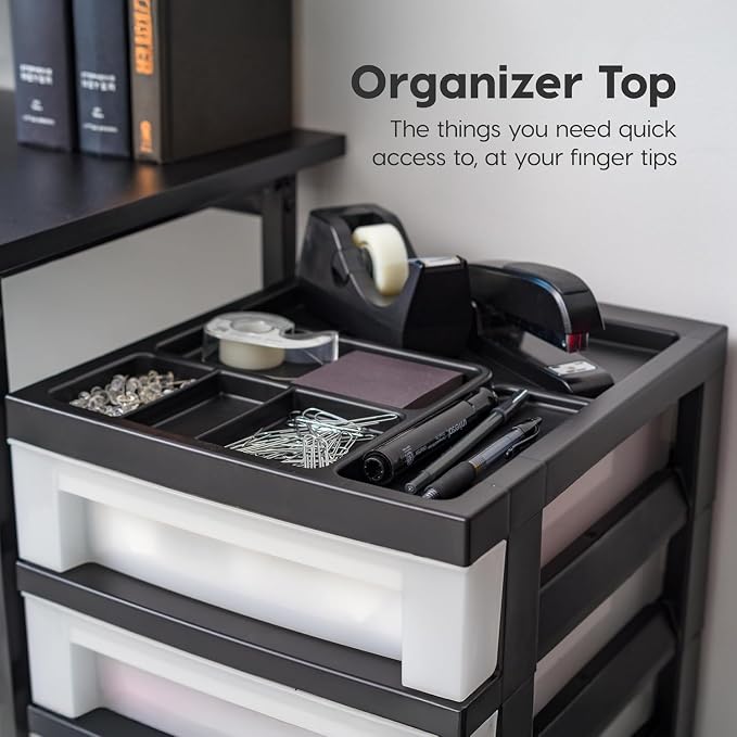 IRIS USA 6-Drawer Rolling Storage Cart with Organizer Top, Black/Pearl