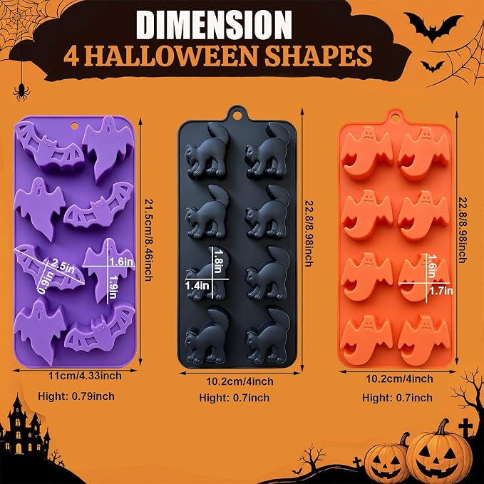 3 Pack Halloween Silicone Molds, Ghost Bat Black Cat Candy Chocolate Molds