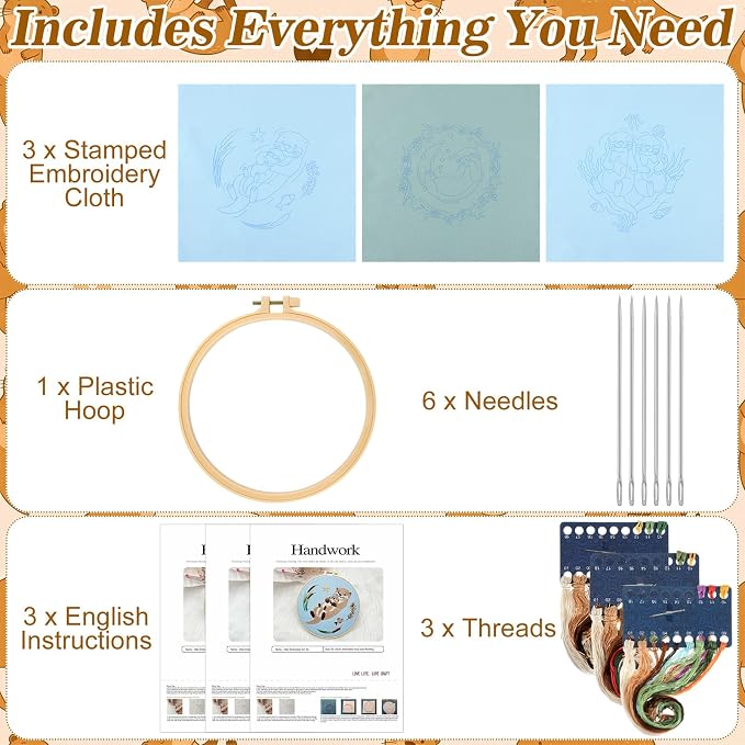 Mindsoft 3 Set Needlepoint Kit for Beginners with Hoop,Otter | Bamboo Hoop Thread Needles Instructions, Easy Hand Embroidery for Beginners Home Crafts,Pre-stamped Funny Cute Designs