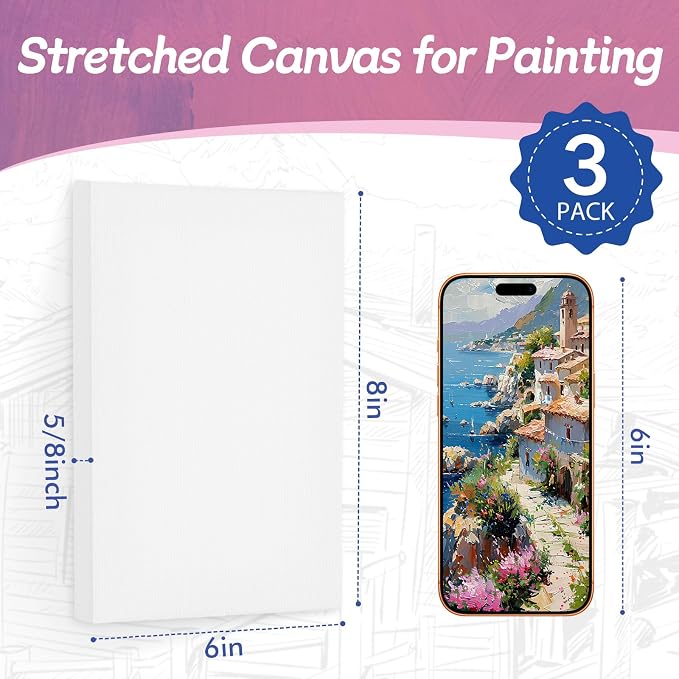 ESRICH Small Canvases for Painting 6x8in, 3 Pack Stretched Canvases for Painting 5/8" Profile Primed Acid Free Painting Canvas for Kids for Oil Paint, Watercolor, Acrylic Paint, Gouache, Tempera.