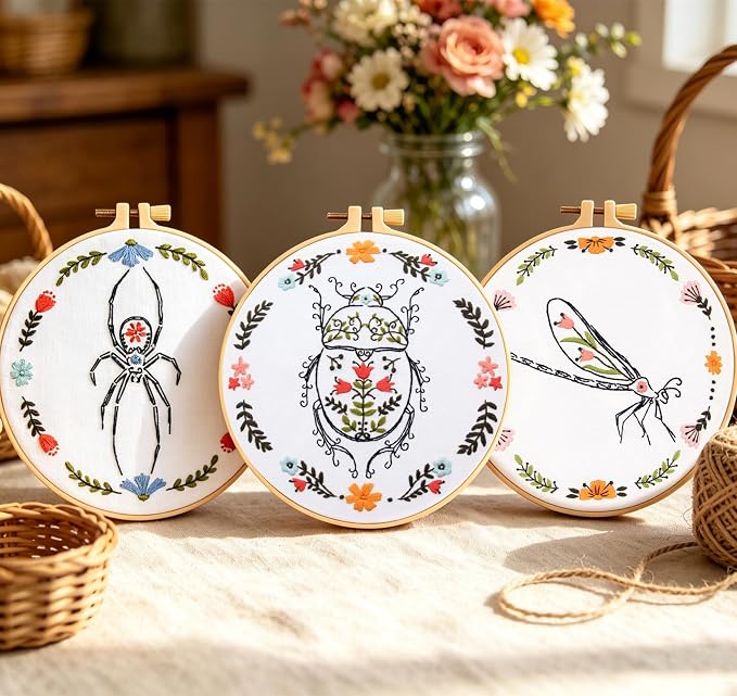 Armindou Hand Embroidery Kits for Beginners Adults, Insect Flowers Embroidery Set Needlepoint Kits, Spider Stamped Cross Stitch Kits for Beginners Adults, 3 Embroidery Hoops (Attached Video Tutorial)