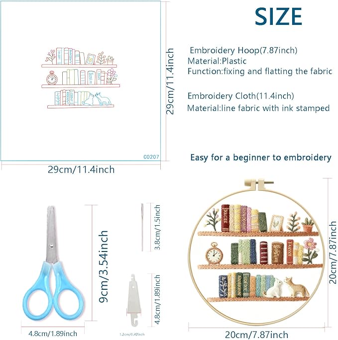Zhenqing Book Lover Embroidery Kit for Beginners, Cozy Bookshelf Needlework Craft with Pre-Printed Cotton Fabric, Hoop, Threads & Tools, Reading Nook Decor (C0207)