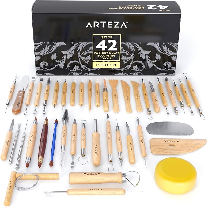 ARTEZA Pottery & Sculpting Tools, 42-Piece Clay Tools Set with Wooden Handles & Steel Tips for Polymer Clay, Ceramics, Carving, Modeling, Shaping & Smoothing | Wooden Handles, Steel Tips, Loop, Ribbon, Shaping and Detailing Tools, For Ceramics, Carving...
