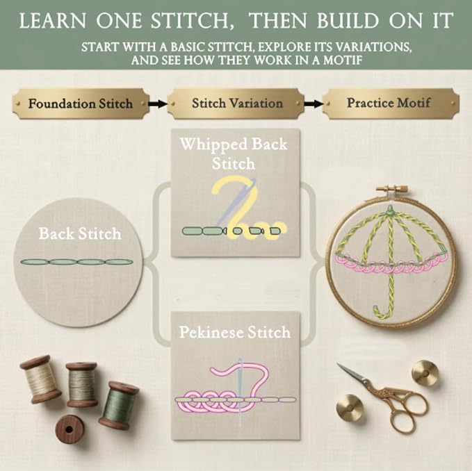 TenDawn Embroidery Stitch Book Kit for Beginners, 32 Essential Stitches | Structured Learning Order for Adults, DIY Sewing Kit with Floral Motifs, Practice Patterns