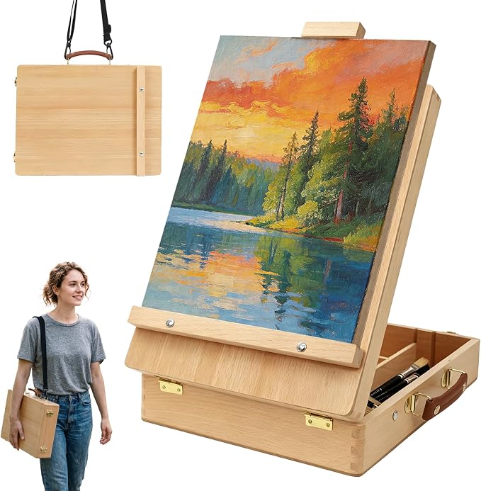 Tabletop Easel for Painting, Adjustable Beechwood Sketchbox, Portable | Features detachable shoulder strap for travel, Large storage box with adjustable angles for adults, artists & beginners