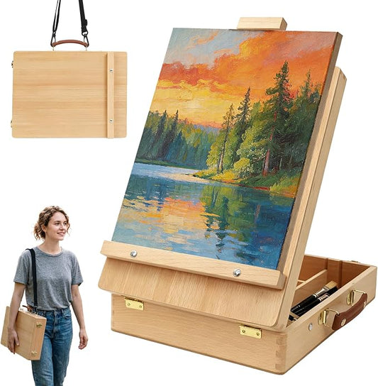 Tabletop Easel for Painting, Adjustable Beechwood Sketchbox, Portable | Features detachable shoulder strap for travel, Large storage box with adjustable angles for adults, artists & beginners