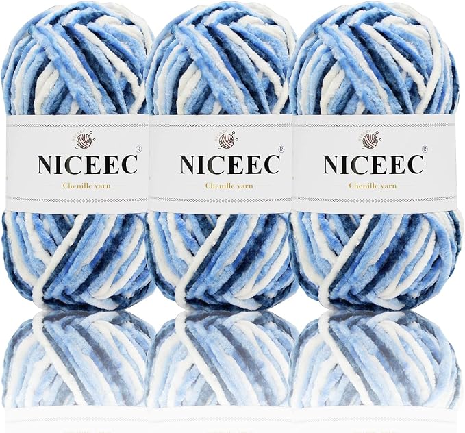 NICEEC 3 Skeins Soft Chenille Yarn 3 x85m (3X 93yds, 3X 50g)_Blue White