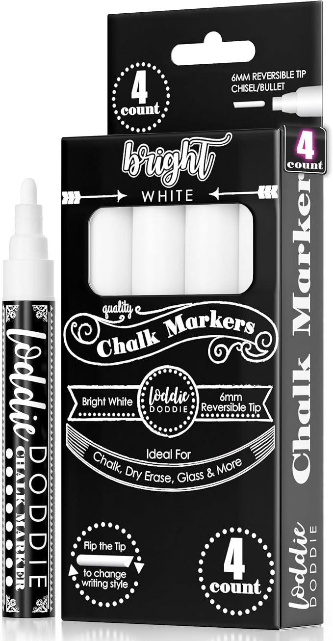 Loddie Doddie Liquid Chalk Markers, Chalk Markers for Glass, White, 4 Pack | Chalk Markers for Blackboard, Glass, Mirror, Window & Car Window Use, Reversible Bullet & Chisel Tip, Non Toxic, Odor Free