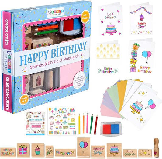 Birthday Card Making Kit -11 Reuseable Wooden Stamps & Ink Pad, 12 Blank Cards with Colorful envelopes, 1 Sheet of Birthday Stickers and 5 Color Pencils Ages 4+
