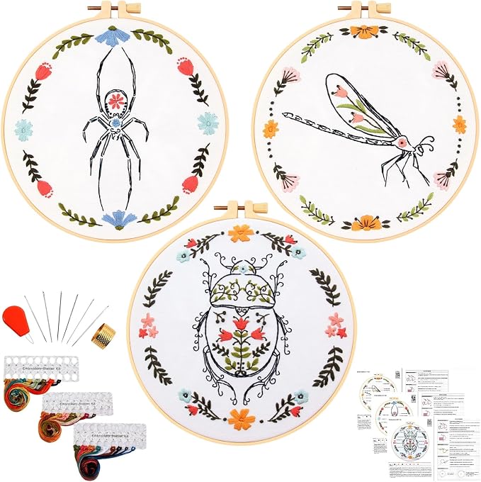Armindou Hand Embroidery Kits for Beginners Adults, Insect Flowers Embroidery Set Needlepoint Kits, Spider Stamped Cross Stitch Kits for Beginners Adults, 3 Embroidery Hoops (Attached Video Tutorial)