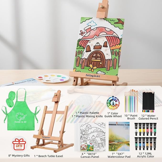 Falling in Art 52 Pcs Kids Acrylic Paint Set with Table Easel, Green | Art Painting Kit with Paints, Canvas Panels, Paintbrushes, Canvas Supplies Kit for Kids, Adults, Beginners, and Artists