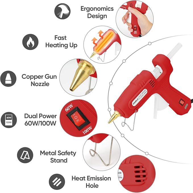 RoMech 60/100W Dual Temp Hot Glue Gun and Sticks Set, Full Size with Case