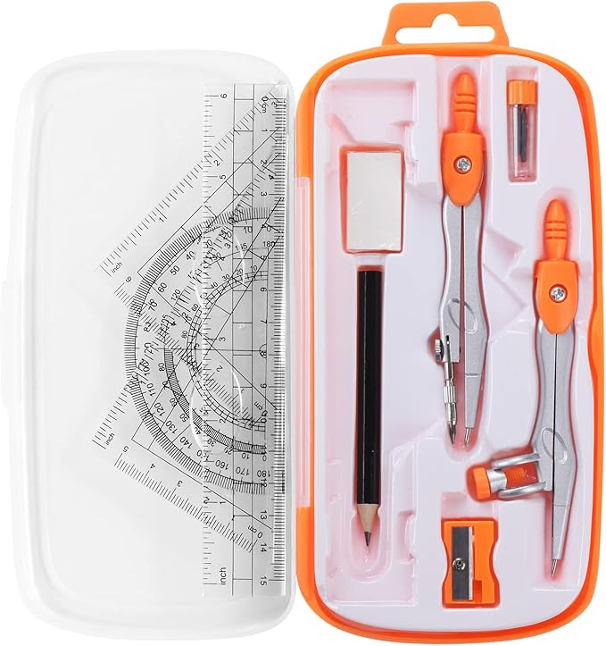Unjoo Math Geometry Set 10 Pcs,Compass and Protractor for Students,Orange | Shatterproof Storage Box,Rulers,Protractor,Compass,Eraser,Pencil Sharpener,Lead Refills,Pencil,for Classroom, Back to School