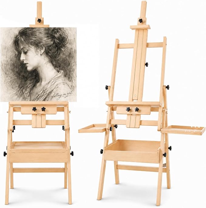 Falling in Art Large Horizontal Wooden Painting Easel, Holds up to 50'' | H-Frame Studio Easel Stand with Storage Drawer and Palettes, Suitable for Adults, Beginners, and Artists