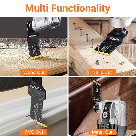 PECHAM 11PCS Titanium Oscillating Tool Blades, Universal Oscillating Multitool Blades Metal Cutting Quick Release for Hard Material Metal Nails Wood Plastic fit More Oscillating Tools