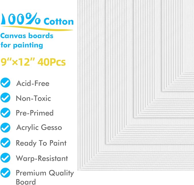 Gotideal Canvas for Painting, 40pcs 9x12 Primed Bulk Painting Canvas Board for Kids and Adults, White Blank Canvas Panels for Acrylic Paint, Oil, Pour Art Supplies | for Kids and Adults, White Blank Canvas Panels for Acrylic Paint, Oil, Pour Art Supplies