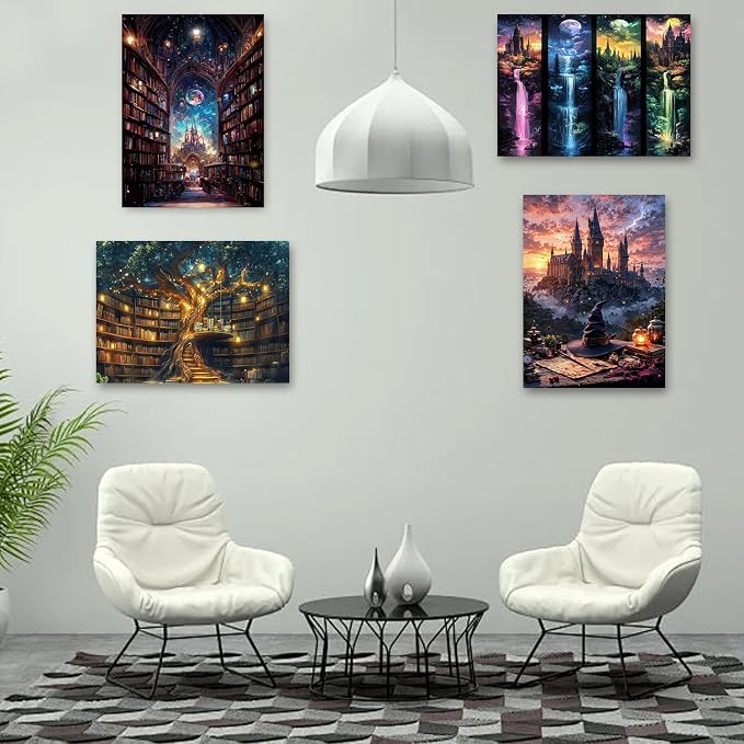 4 Pack Castle Paint by Numbers Kit for Adults Framed Canvas, Frameworkless | Easy Adult Paint by Number Kits on Canvas DIY 4 Pack Castle Painting for Beginners Art by Numbers for Home Wall Decor Gift