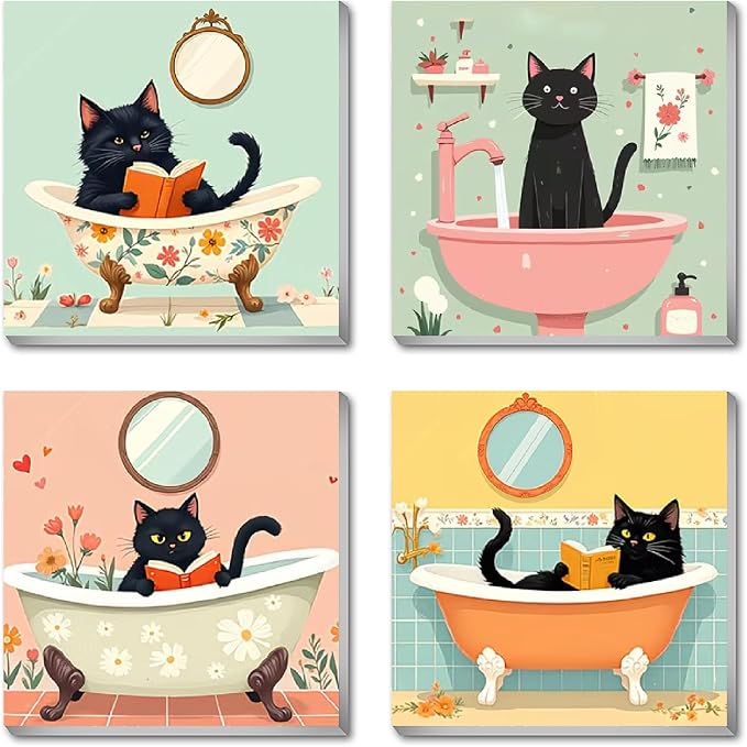Canrichshop 4P Bathing Cat Paint by Numbers for Beginner with Frame,Black Cat Adult Painting by Numbers Kits on Canvas, DIY Oil Painting for Decor 8X 8 inch