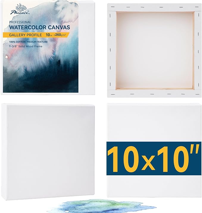 PHOENIX 10x10 Gallery Depth Watercolor Canvas 4 Pack | 1.5 In Deep 100% Cotton Water Color Square Canvases for Painting, 260g Medium Texture Canvas for Water Based Paints