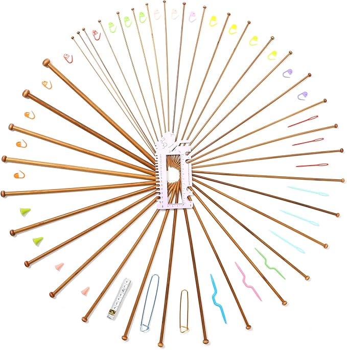 LOOEN Bamboo Knitting Needles Kit 36 Pcs Single Pointed Bamboo Knitting Needles 2.0 mm-10.0 mm + Weaving Tools Knitting Kits (Purple)