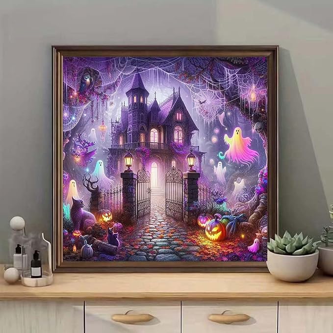 mrpwnle Diamond Art Kits for Adults, Halloween Diamond Painting Kits | Halloween Castle Diamond Art Painting Kits for Adults, 5D Round Full Drill Gem Art Diamond Dots Kits, Home Decor 13.8x13.8 in