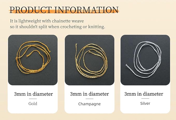 Metallic Glitter Yarn for Crochet & Knitting, Fine 2 Light Weight Worsted for Crochet Knitting, 35g 1.23oz, 145 Yards Soft Craft Sparkle Yarn (Champagne)