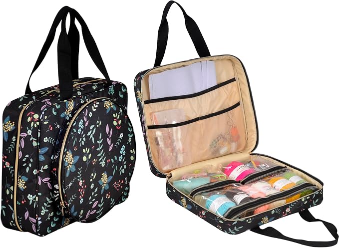 Portable Square Cross Stitch Starter Kits Bag Embroidery Project Bag Embroidery Tool Storage Tote Bag with Multifunctional Pockets, Bag Only (Black Leaves)