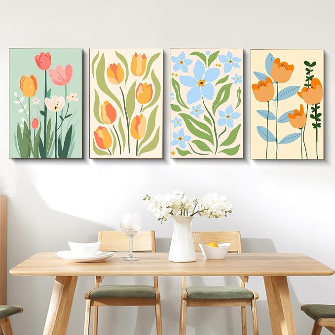 4 Pack Framed Paint by Numbers Kit for Adults Flowers with Wooden Easel | With Frame Canvas 8x12 IN, For Adults Beginner, DIY Acrylic Painting Flower, Stress Relief Craft Kits, Home Wall Decor Gift